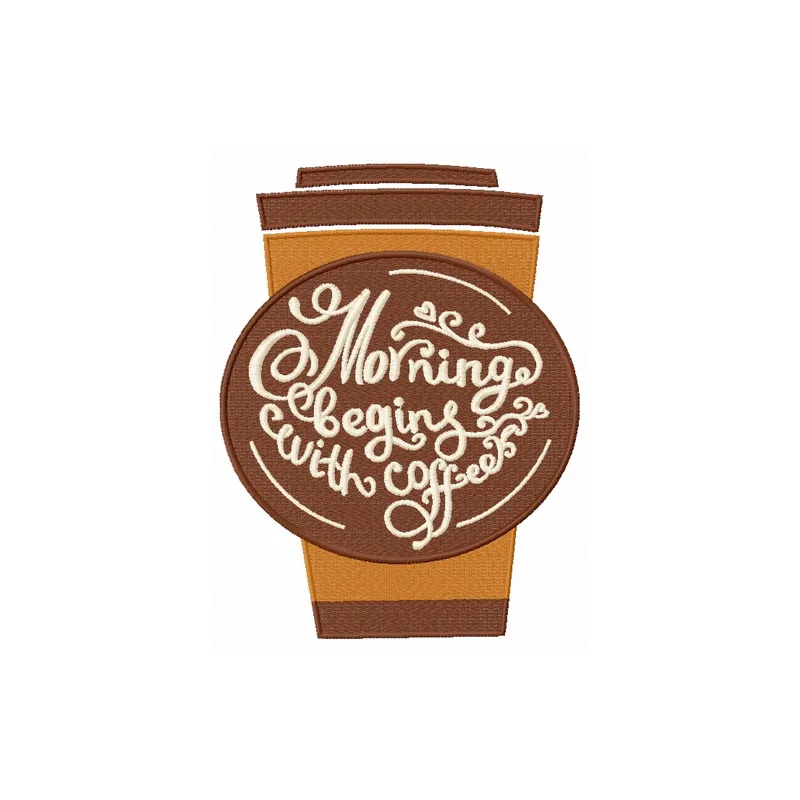 Morning begins with coffee embroidery design showcasing a cozy coffee-themed stitched motif.