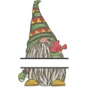 Dwarf with bird monogram embroidery design featuring a whimsical gnome holding a bird, ideal for creative projects.