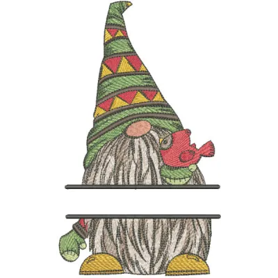Dwarf with bird monogram embroidery design featuring a whimsical gnome holding a bird, ideal for creative projects.