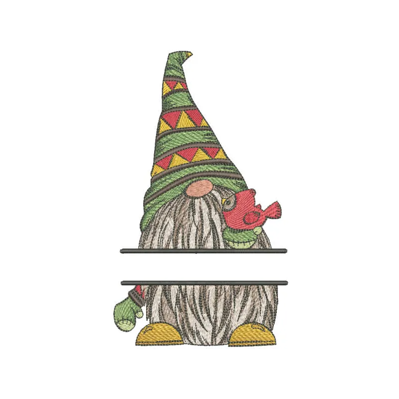 Dwarf with bird monogram embroidery design featuring a whimsical gnome holding a bird, ideal for creative projects.