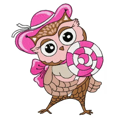 Embroidery design featuring a whimsical owl holding a lollipop, perfect for playful projects.