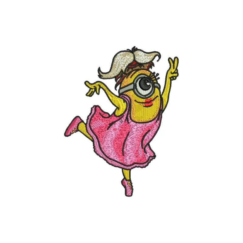 Minion dancer embroidery design featuring a playful Minion character from Despicable Me, perfect for various projects.