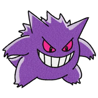 Gengar embroidery design featuring the playful Pokémon in a vibrant stitched motif, ideal for various projects.