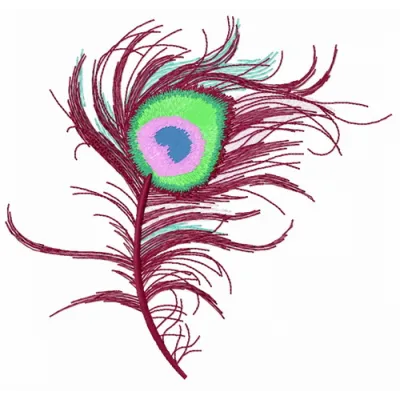 Embroidery design preview of a vibrant peacock feather, showcasing intricate stitching patterns and details.