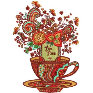Tea time post card embroidery design - Embroidery Design