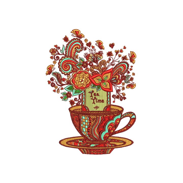 Tea time post card embroidery design - Embroidery Design
