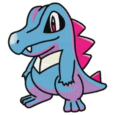 Totodile embroidery design featuring a playful Pokémon character, ideal for stitching on t-shirts and hoodies.