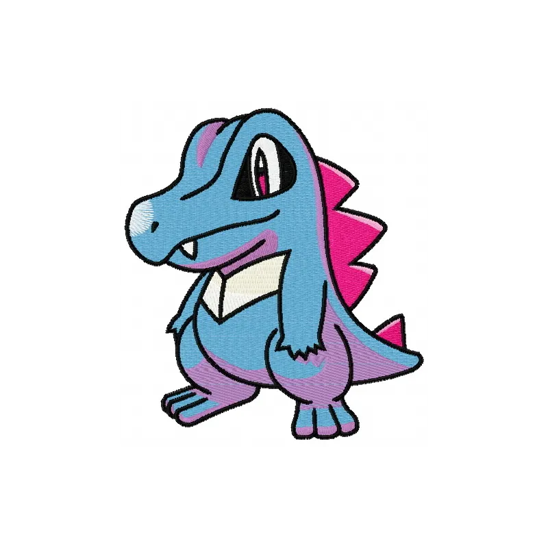 Totodile embroidery design featuring a playful Pokémon character, ideal for stitching on t-shirts and hoodies.