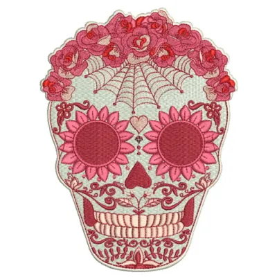 Floral skull embroidery design showcasing intricate stitching patterns for creative projects.