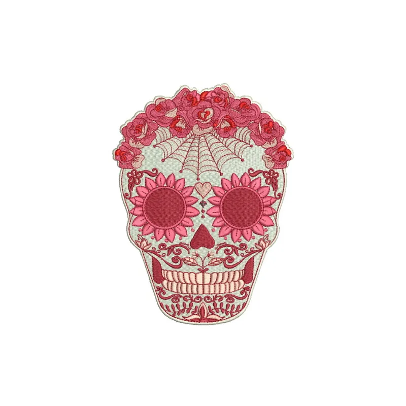 Floral skull embroidery design showcasing intricate stitching patterns for creative projects.