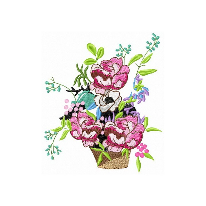 Lush bouquet in basket embroidery design - Embroidery Design