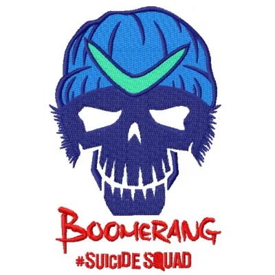 Preview of the Suicide Squad Boomerang embroidery design featuring vibrant colors and intricate details.