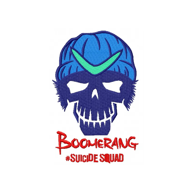 Preview of the Suicide Squad Boomerang embroidery design featuring vibrant colors and intricate details.