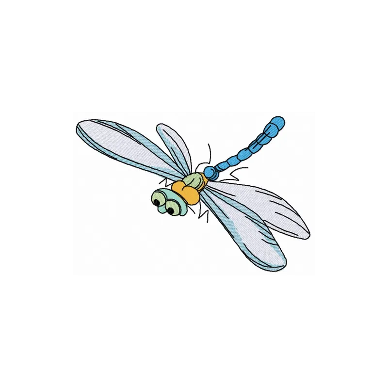 Whimsical funny dragonfly embroidery design, showcasing vibrant colors and intricate stitching patterns for creative project…