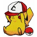 Embroidery design featuring Pikachu wearing a baseball cap, perfect for fun stitching projects.