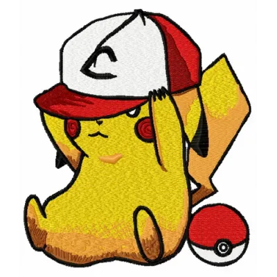 Embroidery design featuring Pikachu wearing a baseball cap, perfect for fun stitching projects.