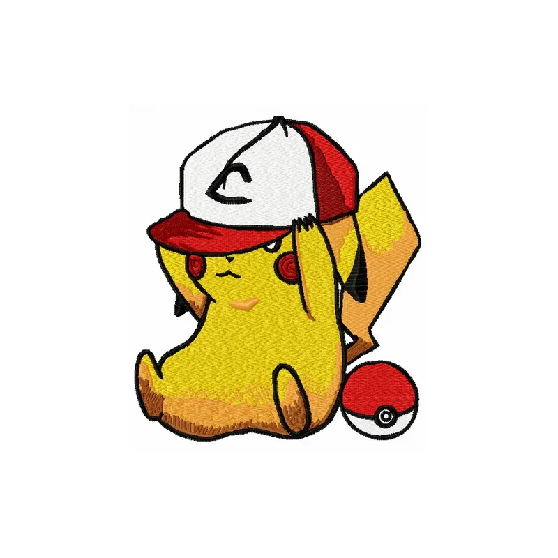 Embroidery design featuring Pikachu wearing a baseball cap, perfect for fun stitching projects.
