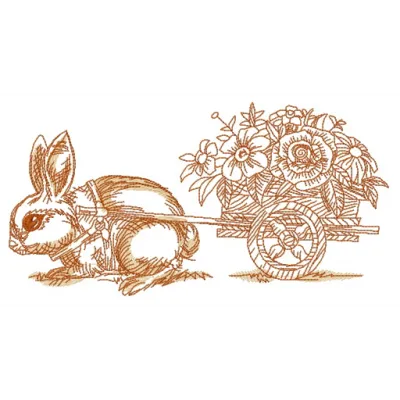 Embroidery design featuring a bunny with a cart full of flowers, perfect for spring-themed projects.