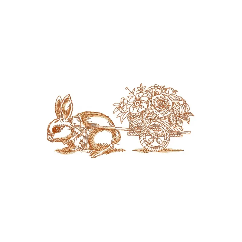 Embroidery design featuring a bunny with a cart full of flowers, perfect for spring-themed projects.
