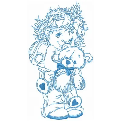 Taking teddy bear to school embroidery design featuring a charming bear with a backpack, ideal for girls' apparel.