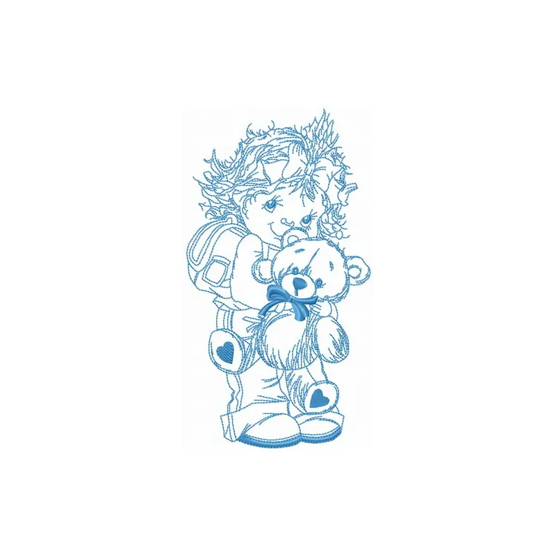 Taking teddy bear to school embroidery design featuring a charming bear with a backpack, ideal for girls' apparel.