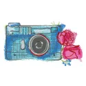 Preview of a blue camera and roses embroidery design, showcasing intricate stitching patterns for home and hobby projects.