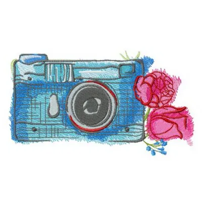 Preview of a blue camera and roses embroidery design, showcasing intricate stitching patterns for home and hobby projects.