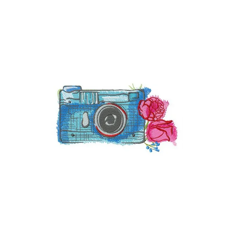 Preview of a blue camera and roses embroidery design, showcasing intricate stitching patterns for home and hobby projects.