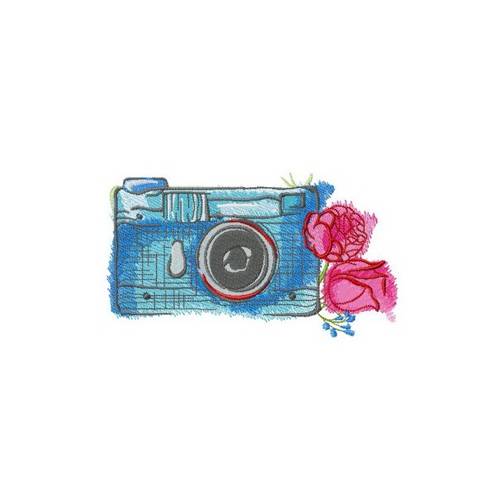 Blue camera and roses embroidery design - Embroidery Design