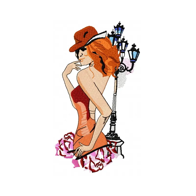 Embroidery design of a girl wearing a cowboy hat, perfect for stitching on t-shirts or tote bags.