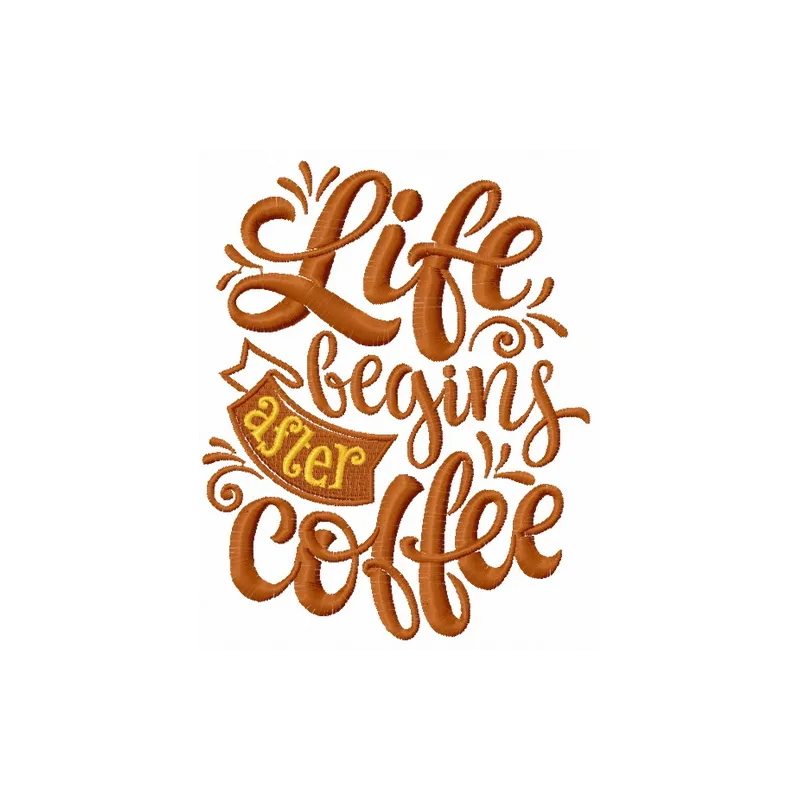 Life begins after coffee embroidery design featuring an inspiring quote, perfect for stitching on kitchen towels or mugs.