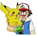Embroidery design featuring Pikachu and Ash Ketchum, perfect for stitching on t-shirts or tote bags.