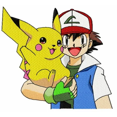 Embroidery design featuring Pikachu and Ash Ketchum, perfect for stitching on t-shirts or tote bags.