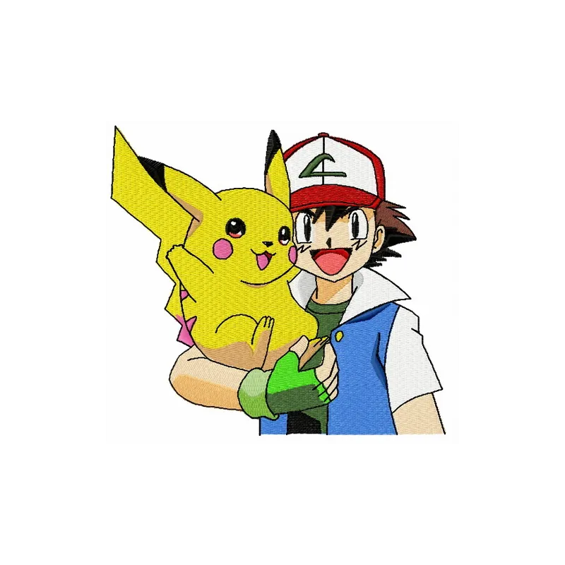 Embroidery design featuring Pikachu and Ash Ketchum, perfect for stitching on t-shirts or tote bags.