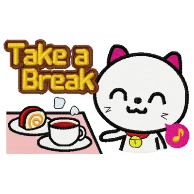 Preview of the 'Take a Brake' embroidery design featuring a playful cat, ideal for stitching on t-shirts or tote bags.