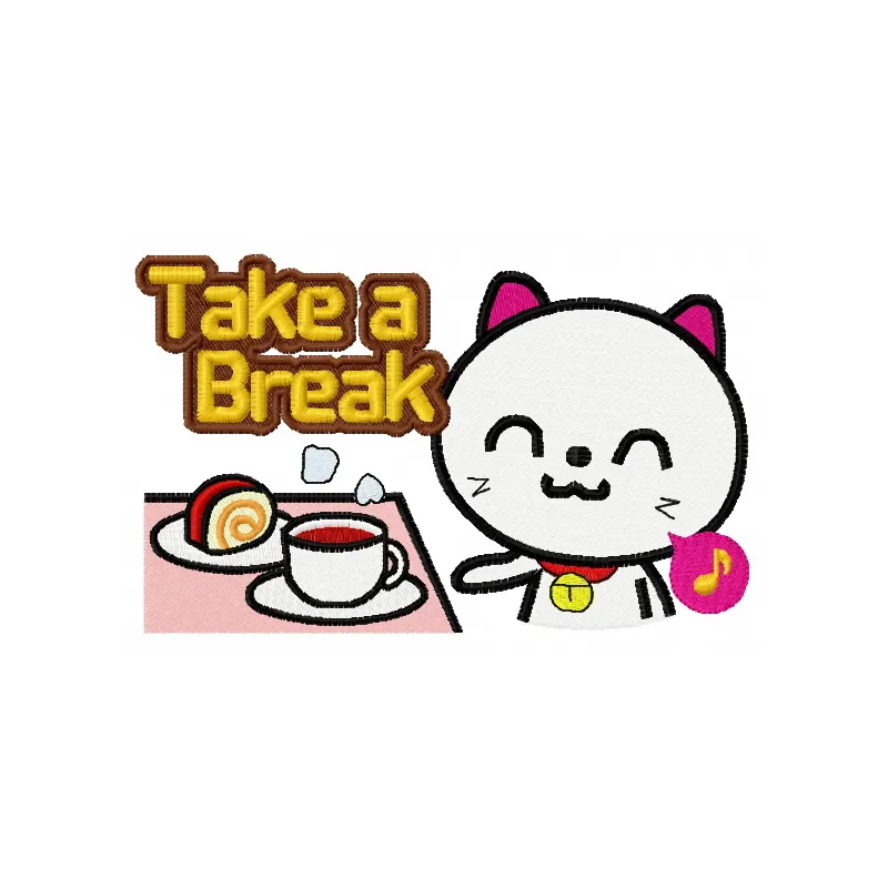 Preview of the 'Take a Brake' embroidery design featuring a playful cat, ideal for stitching on t-shirts or tote bags.