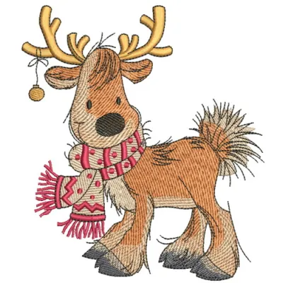 Cute Christmas deer embroidery design, featuring a charming woodland animal motif for festive stitching projects.