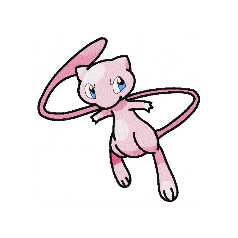 Mew embroidery design featuring the beloved Pokémon character, ideal for stitching on t-shirts and hoodies.