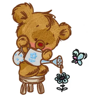 Teddy bear holding a watering can embroidery design, perfect for embellishing children's clothing or home decor.