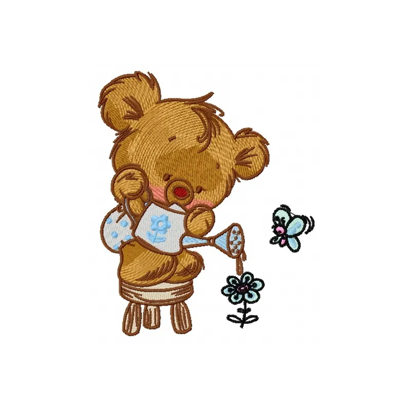 Teddy bear holding a watering can embroidery design, perfect for embellishing children's clothing or home decor.