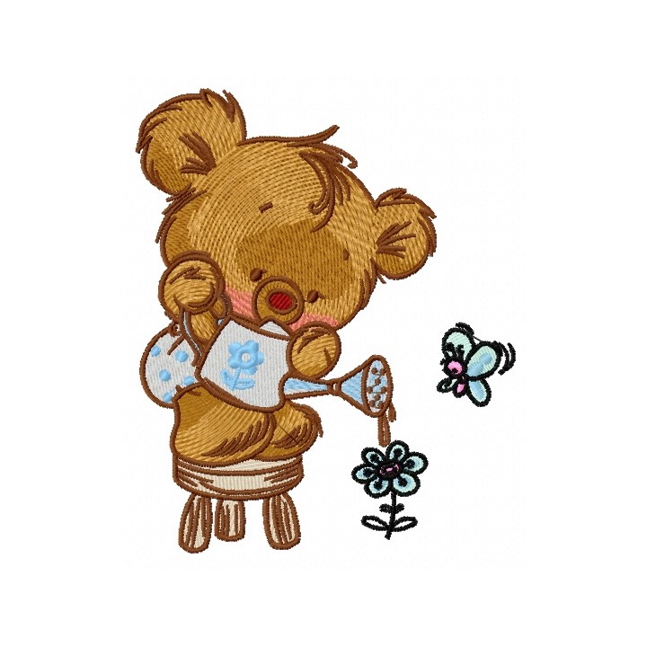 Teddy with watering can embroidery design - Embroidery Design