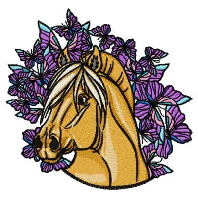Blue horse and butterflies embroidery design, showcasing a whimsical horse surrounded by colorful butterflies.