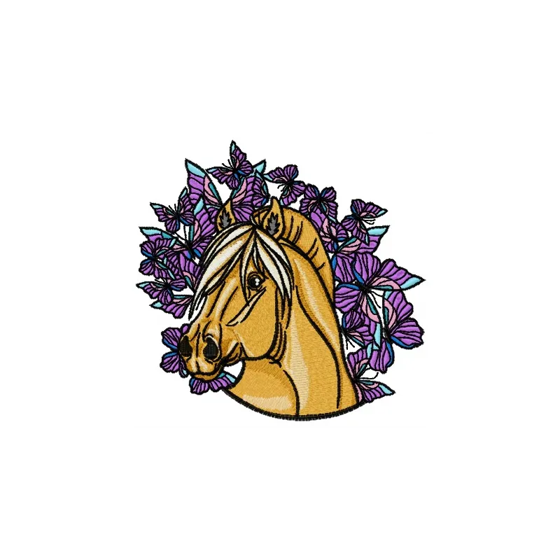 Blue horse and butterflies embroidery design, showcasing a whimsical horse surrounded by colorful butterflies.