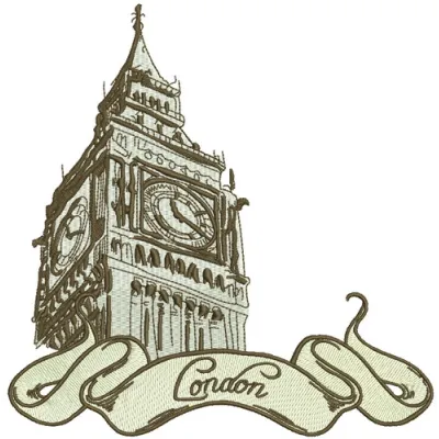 Retro London 2 embroidery design showcasing iconic English elements, ideal for embellishing tote bags or hoodies.