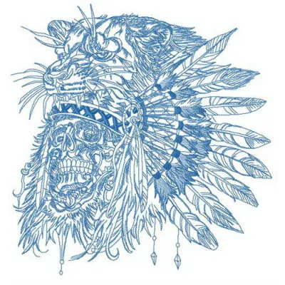 Native American warrior's skull embroidery design showcasing intricate details for creative stitching projects.