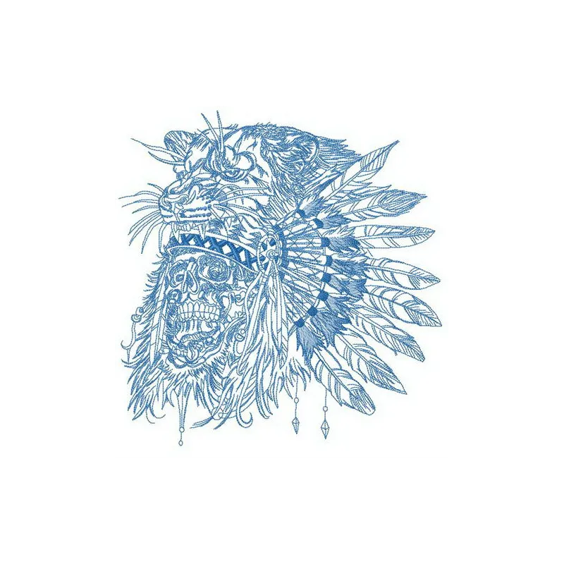 Native American warrior's skull embroidery design showcasing intricate details for creative stitching projects.