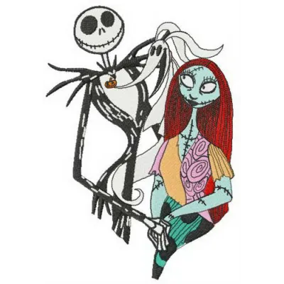 Embroidery design featuring Jack, Sally, and Zero from The Nightmare Before Christmas, ideal for festive stitching projects.