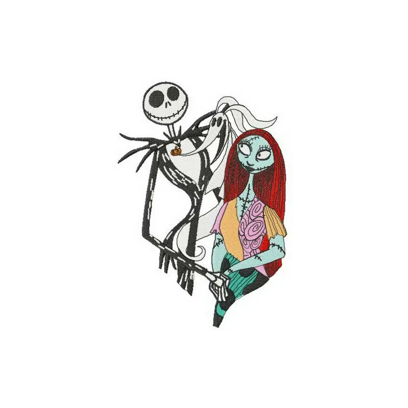 Embroidery design featuring Jack, Sally, and Zero from The Nightmare Before Christmas, ideal for festive stitching projects.