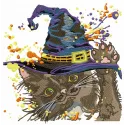 Fluffy witch embroidery design featuring a whimsical cat, perfect for stitching on t-shirts and tote bags.