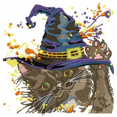 Fluffy witch embroidery design featuring a whimsical cat, perfect for stitching on t-shirts and tote bags.